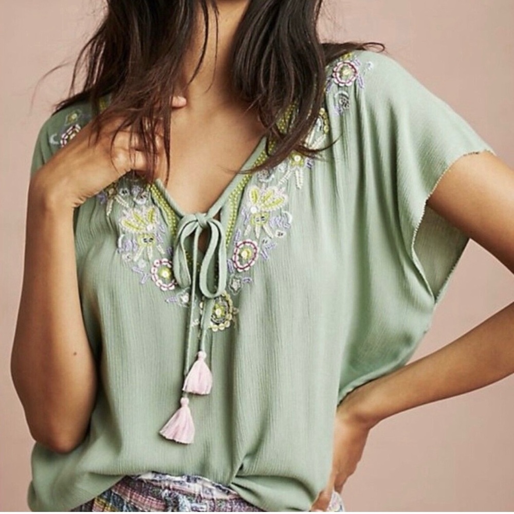 Anthropologie Floreat Gauze Embroidered Floral Top with Tassel